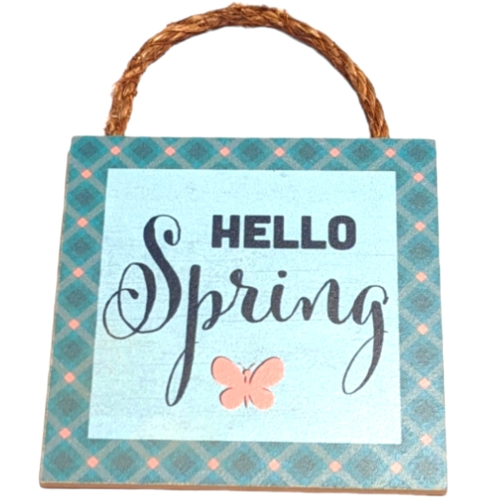 Wincraft Blue Diamond & Pink Butterfly Hello Spring Small Wooden Sign with Rope